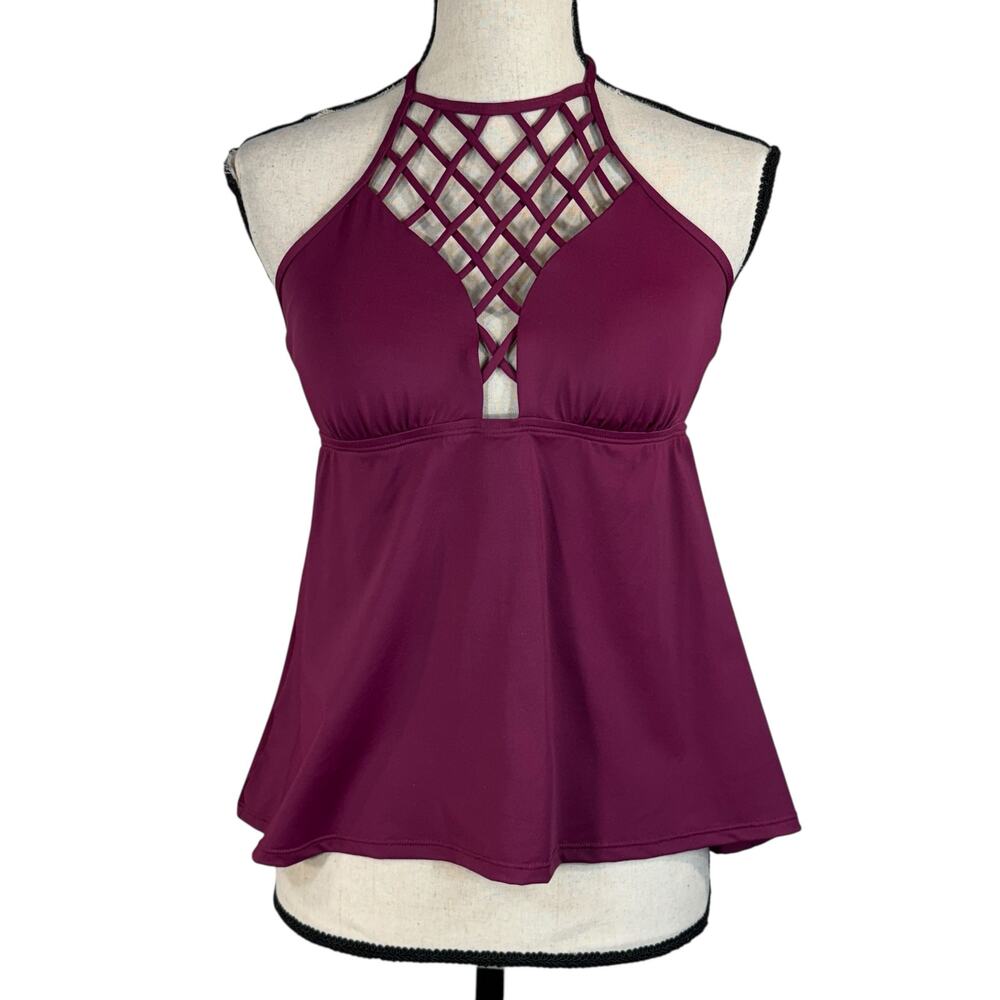 APT 9 Medium Lattice Tie Halter Tankini Swim Top Padded Cups V-Neck Stretch Plum